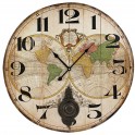 Pendule MDF à balancier, Thème planisphère Diam. 58 cm, modèle écru