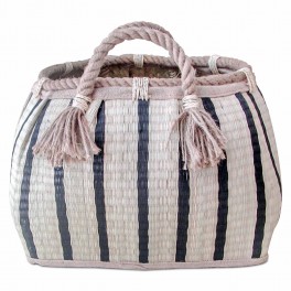Panier en palme tressé, Blanc rayures H 28 cm