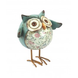 Figurine Chouette fleurie, Bleu, Résine et Métal, H 11 cm