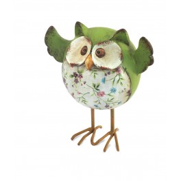 Figurine Chouette fleurie, Vert, Résine et Métal, H 11 cm