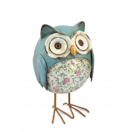 Chouette fleurie Bleu Pattes Métal, 15 cm