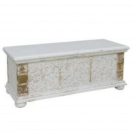 Table basse & Coffre, Modèle JODHPUR, Patine Blanche, L 102 cm