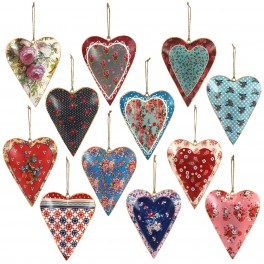 Set 12 Suspensions coeurs métal imprimés, H 16 cm
