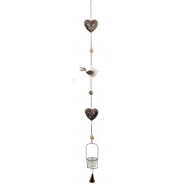 Suspension Shabby Chic Fer Résine Oiseau Coeurs, H 115 cm
