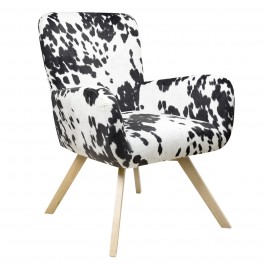 Fauteuil vintage bois, Tissu Noir & Blanc