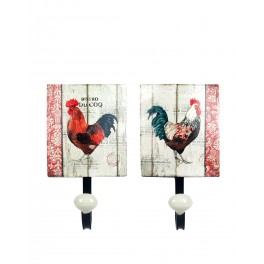 Set 2 patères rétros Coqs colorés, H 21 cm