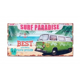 Déco mur vintage : Plaque Combi vert, "Surf Paradise : Best holidays", L 60 cm