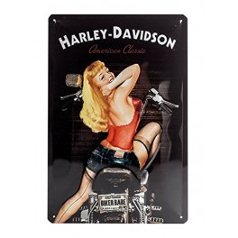 Plaque 3D métal Harley Davidson 20x30 cm : Pin-up sur Harley noire