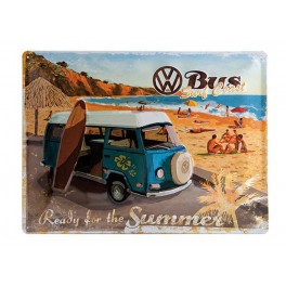 Plaque 3D métal : Combi bleu Volkswagen sur le bord de mer 30x40 cm