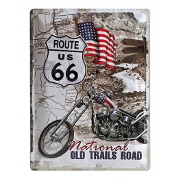 Plaque 3D métal :Route 66 avec moto type Harley 30 x 40 cm