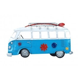 Plaque métal véhicule : Le Combi bleu Ciel flower power, longueur 58 cm