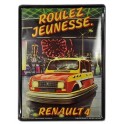 Plaque Métal bombée : Renault 4 L Roulez Jeunesse, H 30 cm