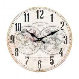 Horloge rétro, Modèle blanc 1, Mappemonde, Diamètre 34 cm