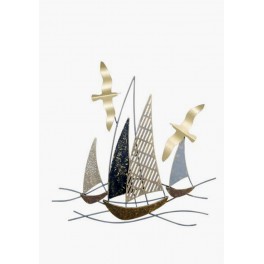 Déco murale Bateaux : Régate 4 bateaux & 2 mouettes, Bleu & Gris, H 48 cm