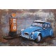 Tableau Métal 3D : La 2 CV bleue et Station Essence rétro, L 120 cm