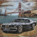 Tableau sur Bois & Métal 3D : La Ford Mustang devant le Golden Gate, H 100 cm