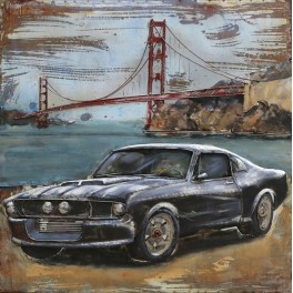 Tableau sur Bois & Métal 3D : La Ford Mustang devant le Golden Gate, H 100 cm