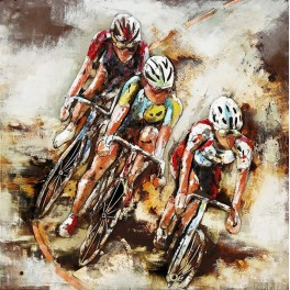 Tableau en Métal 3D : 3 cyclistes à l'arrivée, H 100 cm