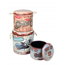 Set 3 Tabouret-Coffres Vintage, Modèle Moto Vintage, H 42 cm (Grand)