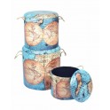 Set 3 Tabourets-Coffres Vintage, Modèle Cartographie Vintage 2, H 42 cm (Grand)