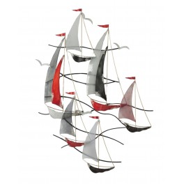 Déco murale XL Régate 6 voiliers, Rouge & Gris, Mat, L 114 cm