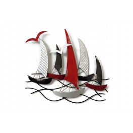 Déco murale 5 bateaux rouges et gris, L 44 cm