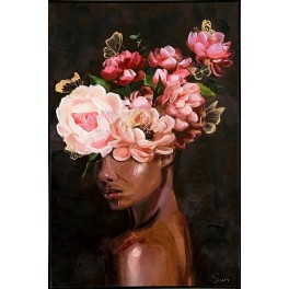 Tableau Femme : Black Woman & PinkRoses, H 120 cm