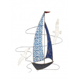 Déco murale Métal : Grand Bateau, Bleu outremer & Gris, H 75 cm