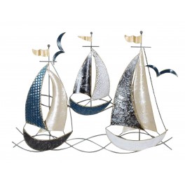 Déco Murale Bateaux : Régate 3 Bateaux & 2 mouettes, Blue & Silver, L 55 cm