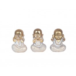 Statuettes déco : Set 3 Moines de la Sagesse, White & Gold, H 12 cm