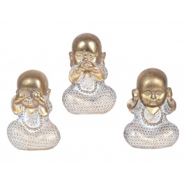 Statuettes déco : Set 3 Moines de la Sagesse, White & Gold, H 19 cm