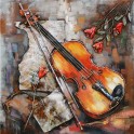Tableau en Métal 3D : Le Violon, Partition et Rose, H 80 cm