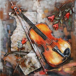 Tableau en Métal 3D : Le Violon, Partition et Rose, H 80 cm