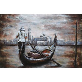 Tableau Métal 3D : Gondolier à Venise et Palais de Doges, L 120 cm