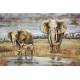 Tableau en Métal 3D : Trois Eléphants, Savane et Plan d'eau, L 120 cm