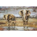 Tableau en Métal 3D : Trois Eléphants, Savane et Plan d'eau, L 120 cm