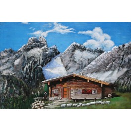 Tableau Métal 3D : Chalet Montagnard dans les alpages, L 120 cm