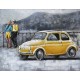 Tableau sur Bois & Métal 3D : La Fiat 500 jaune, L 80 cm