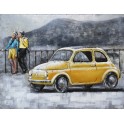 Tableau Métal 3D : Fiat 500 jaune et Week end en Toscane, L 80 cm