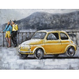 Tableau Métal 3D : Fiat 500 jaune et Week end en Toscane, L 80 cm