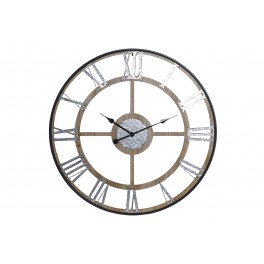 Grande Horloge Industrielle, Bois Gris & Métal argent, Diam 70 cm