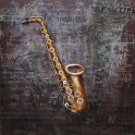 Tableau Peint Métal 3D : Saxophone cuivré et Partition, H 80 cm