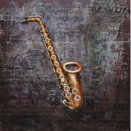 Tableau Peint Métal 3D : Saxophone cuivré et Partition, H 80 cm