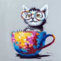 Tableau Peinture Multicolore : Chat en Tasse, H 60 cm