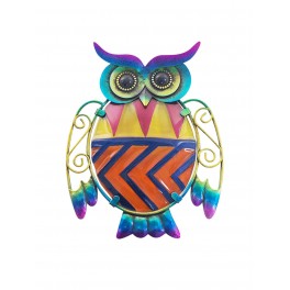 La chouette bleue murale en métal, verre coloré, hauteur 22 cm