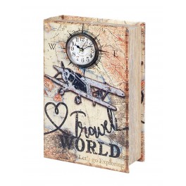 Boite Livre Horloge : Avion & Exploration, H 27 cm