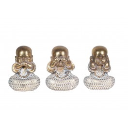 Statuettes déco : Set 3 Moines de la Sagesse, White & Gold, H 12 cm