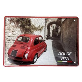 Plaque Métal 3D : La Fiat 500 Rouge Dolce Vita, L 30 x 20 cm