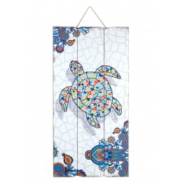 Plaque Bois Vintage : Tortue Effet Mosaïques, H 60 cm