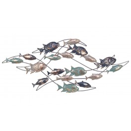 Déco Murale métal : Banc de Poissons, Bleu& Gris, L 100 cm